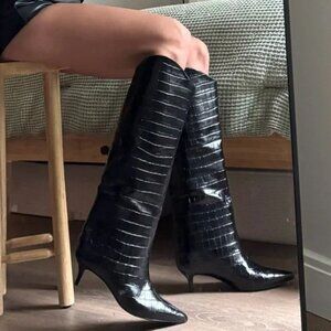 SCHUTZ Maryana Lo Wide Pointed Toe Knee High Boots Sz 5 Black Croco Leather NEW